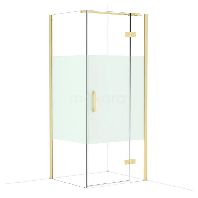 Shower cabin with gold-coloured accents, glass walls and door, ideal for a stylish bathroom design.