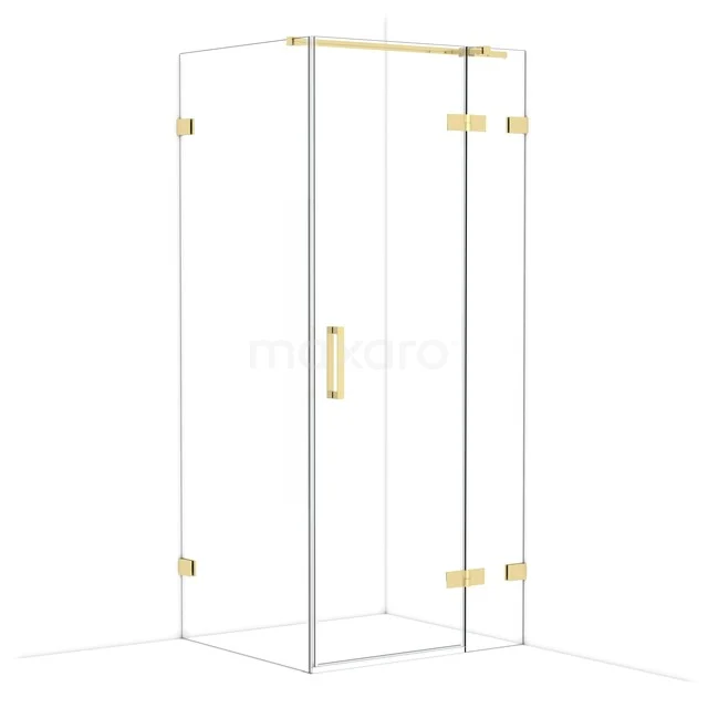 Diamond Shower cabin | 90x80 cm Shiny light gold Clear glass Pivot door Rectangle CDB223608320GLG Glass corner shower cabin with gold-coloured hinges and handle, luxury design for stylish bathroom decor.