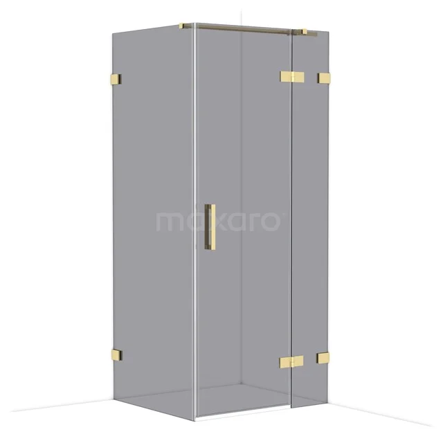 Graue rechteckige Duschkabine mit goldenen Scharnieren und Haltegriff, stilvolles Design für ein modernes Badezimmer.