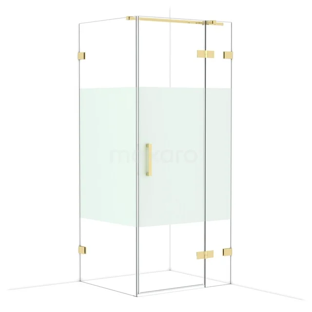 Glass shower cabin with gold accents, angular design and frosted glass panels, perfect for a modern bathroom style.