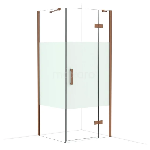 Eckdusche mit Klarglas, Holzakzenten und mattem Mittelpaneel, ideal für ein modernes Badezimmer.