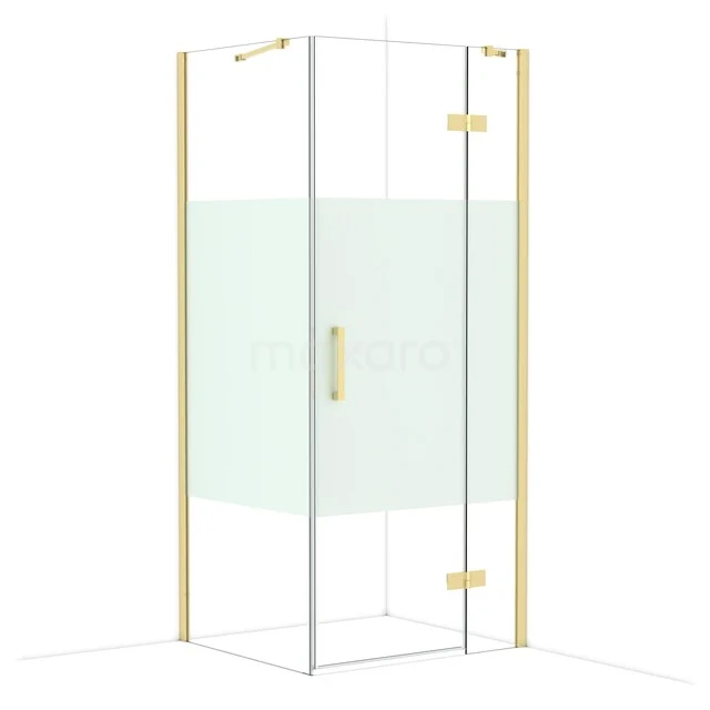 Gold-coloured corner shower cabin with glass panels and matte finish, a stylish bathroom solution.