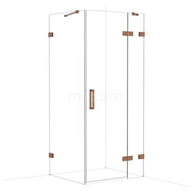 Glas Duschkabine mit Eckeingang, goldfarbene Metall-Scharniere und Haltegriff, elegantes Design für moderne Bäder.