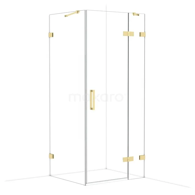 Viereckige Glaskabine mit goldfarbenen Scharnieren und Haltegriff, elegantes Design für moderne Bäder.