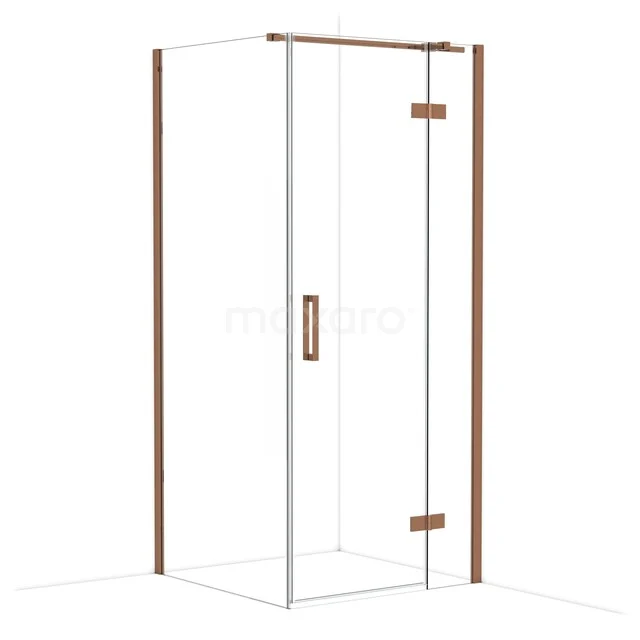 Glass shower cabin with copper-coloured accents, rectangular design and modern profile for a stylish bathroom.