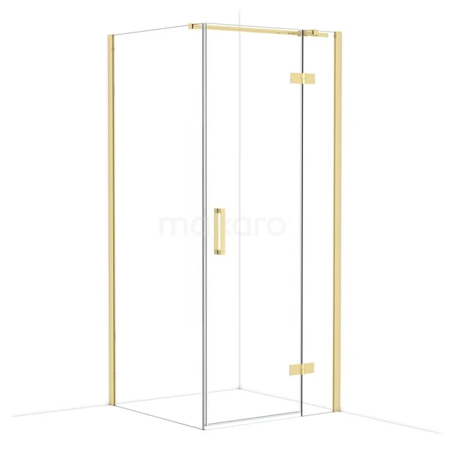 Shower cabin with golden accents, angular design and glass walls, perfect for a modern bathroom.