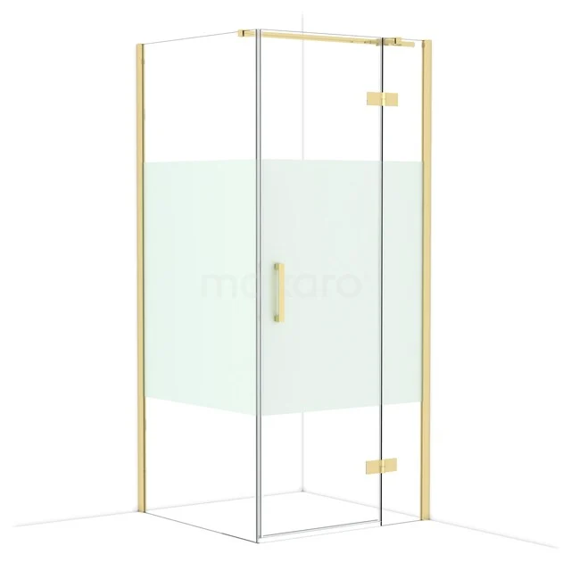 Shower cabin with gold-coloured frames, clear glass and frosted glass panel, elegant design for a luxury bathroom.
