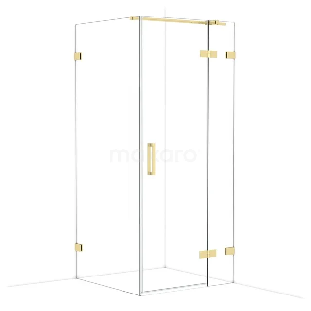 Diamond Shower enclosure | 90x90 cm Glanzend lichtgoud Clear glass Pivot door Square CDB223609320GLG Glazen douchecabine met messing details, strak design, ideaal voor een moderne badkamer.
