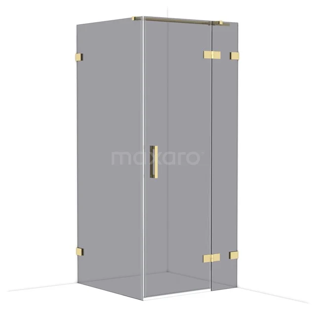 Grijze glazen douchecabine met goudkleurige scharnieren, strak design en elegante uitstraling voor moderne badkamers.