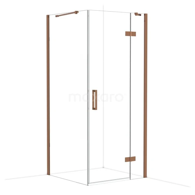Shower cabin with corner entry, clear glass and copper-coloured accents, perfect for a modern bathroom.