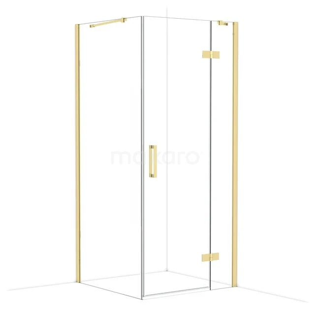 Diamond Shower enclosure | 90x90 cm Glanzend lichtgoud Clear glass Pivot door Square CDB223609410GLG Glazen douchecabine met goudkleurig frame, hoekinstap en glazen deuren, ideaal als stijlvolle toevoeging aan de moderne badkamer.