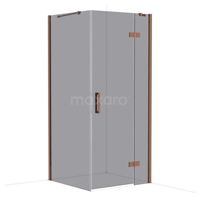 Diamond Shower enclosure | 90x90 cm Shiny copper Smoke glass Pivot door Square CDB223609411GKP Strakke douchecabine met hoekinstap, glasdeuren en elegante houten accenten, perfect voor een moderne badkamerstijl.