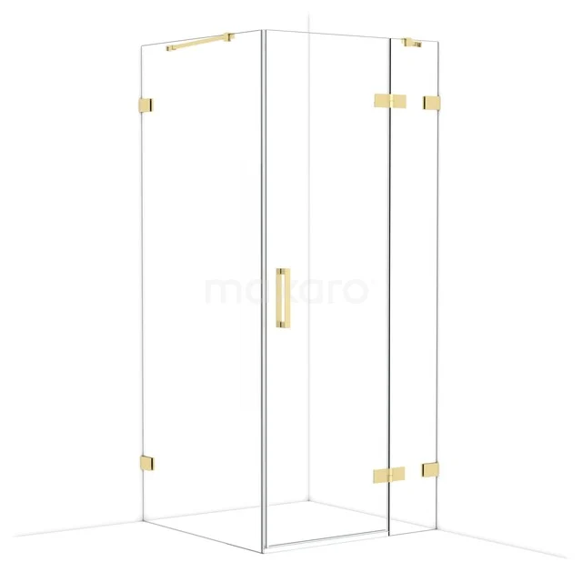 Glasene Duschkabine mit goldenen Metallakzenten, Eckmodell, ideal für eine moderne Badezimmer Einrichtung.