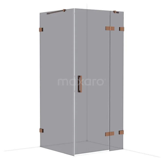 Diamond Shower enclosure | 90x90 cm Shiny copper Smoke glass Pivot door Square CDB223609421GKP Glazen hoekdouchecabine met roségouden scharnieren en handvat, strak design, perfect voor een moderne badkamer.