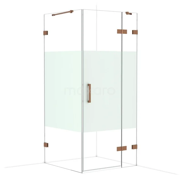 Diamond Shower cabin | 90x90 cm Shiny copper Clear with matt strip Pivot door Square CDB223609423GKP Glass shower cubicle with a square shape, stainless steel hinges, and frosted glass detail for privacy in the modern bathroom.