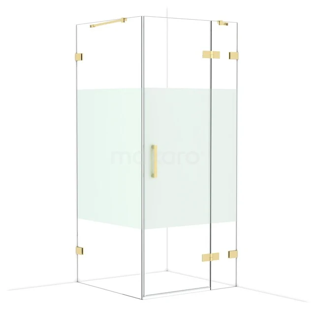 Glass corner shower cabin with gold-coloured hinges and frosted glass, stylish bathroom design for modern bathrooms.