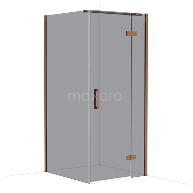 Glass shower cabin with corner entry, transparent walls and bronze accents, perfect for a modern bathroom.