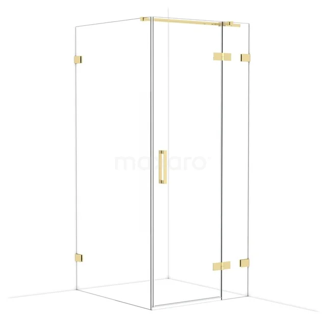 Glass shower cabin with gold details, corner model with clear panels for a stylish bathroom decor.