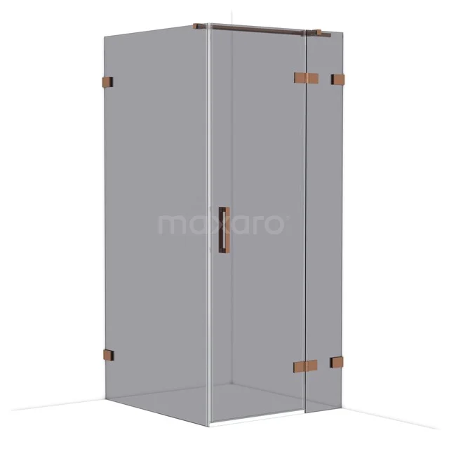 Glazen douchecabine met hoekontwerp, bronskleurige scharnieren en handgreep, perfect voor een moderne badkamerstijl.