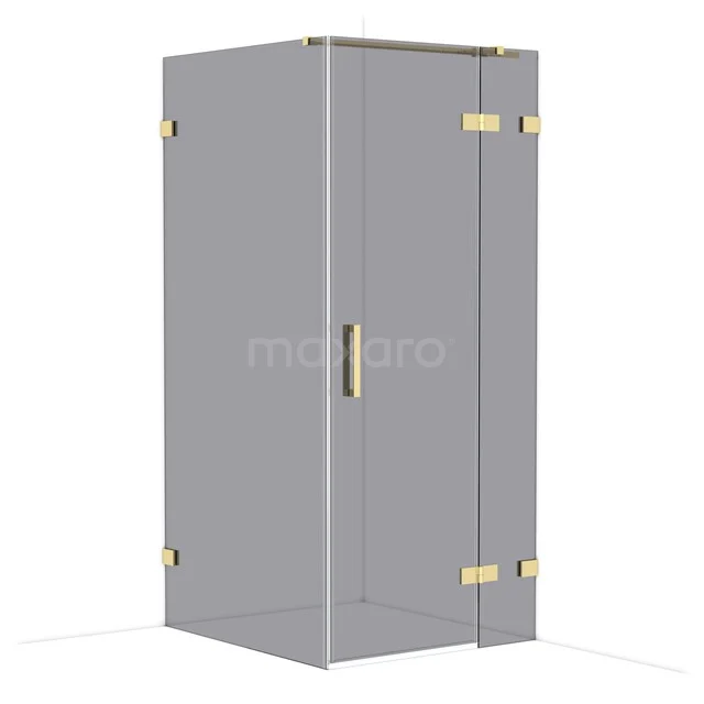 Luxe douchecabine met gouden scharnieren, hoekig ontwerp en grijs glas, ideaal voor een moderne badkamerstijl.