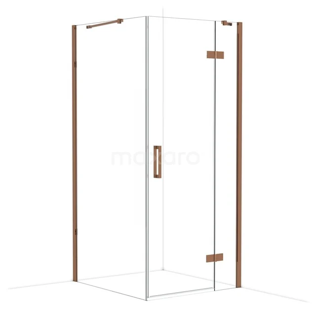 Glazen douchecabine met hoekinstap, bronskleurige accenten en strakke lijnen, perfect voor een moderne badkamer.