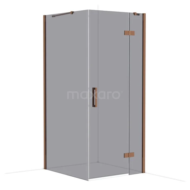 Douchecabine met hoekinstap, helder glas en koperkleurige details, modern design voor stijlvolle badkamers.