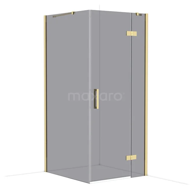 Corner shower cabin with gold accents, glass walls and a hinged door, perfect for a stylish bathroom.