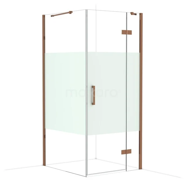 Diamond Shower enclosure | 100x90 cm Shiny copper Clear with matt strip Pivot door Rectangle CDB223610413GKP Glazen douchecabine met hoekinstap, mat wit glas en koperkleurige profielen, modern design voor een stijlvolle badkamer.