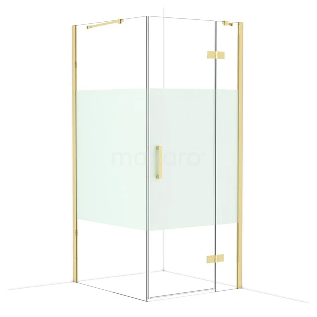 Shower cabin with frosted glass, gold-coloured accents and corner shape, perfect for a stylish bathroom upgrade.