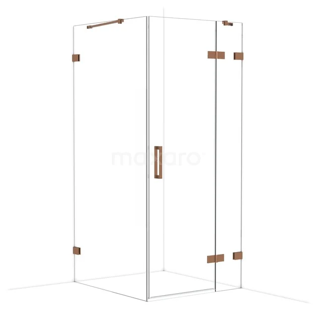 Glazen douchecabine met hoekdesign, roestvrijstalen scharnieren en transparante deuren. Perfect voor moderne badkamers.