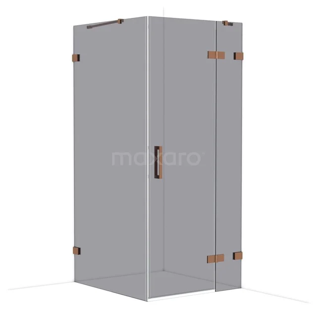 Glass shower cabin with corner entry, transparent glass and bronze hinges, ideal for a modern bathroom.