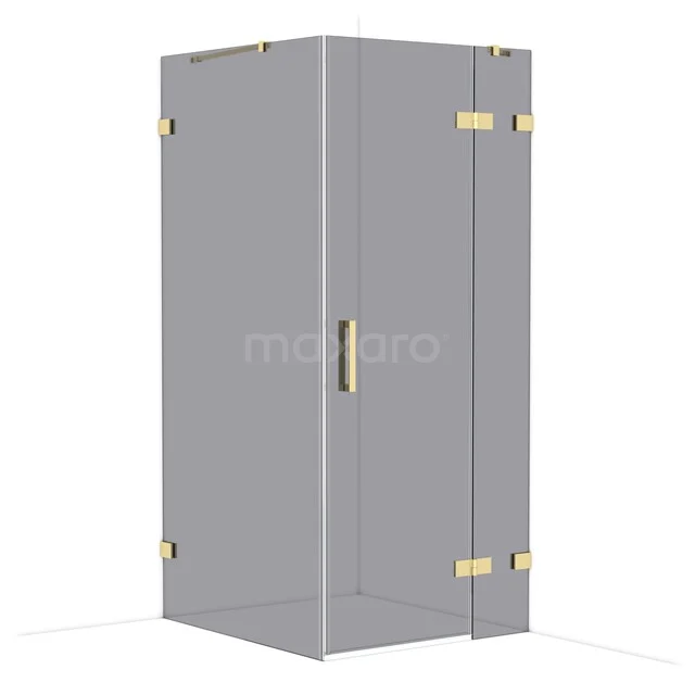 Grey corner shower cabin with gold-coloured hinges, glass walls and sleek design, ideal for modern bathrooms.