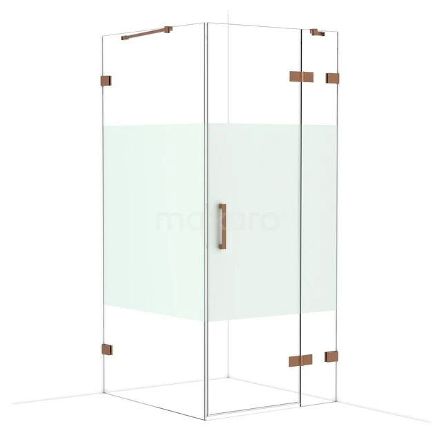 Glass shower cabin with corner entry, clear glass and matte white panel, brass hinges. Luxurious bathroom style.