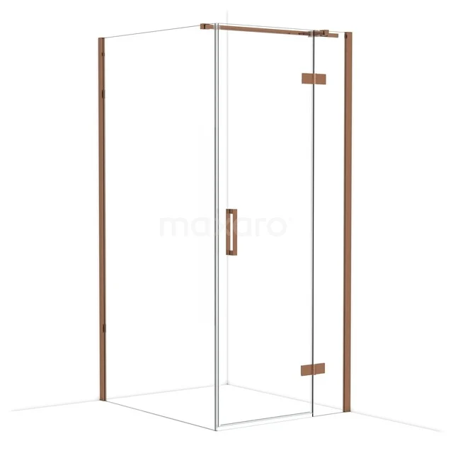 Minimalistische hoekdouche van glas met koperen details; stijlvol badkamerontwerp met een luxe afwerking.