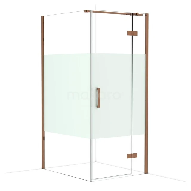 Glas Duschkabine mit Eckeinstieg, kupferfarbene Profile, Design Haltegriff und satiniertes Glas Detail für moderne Bäder.