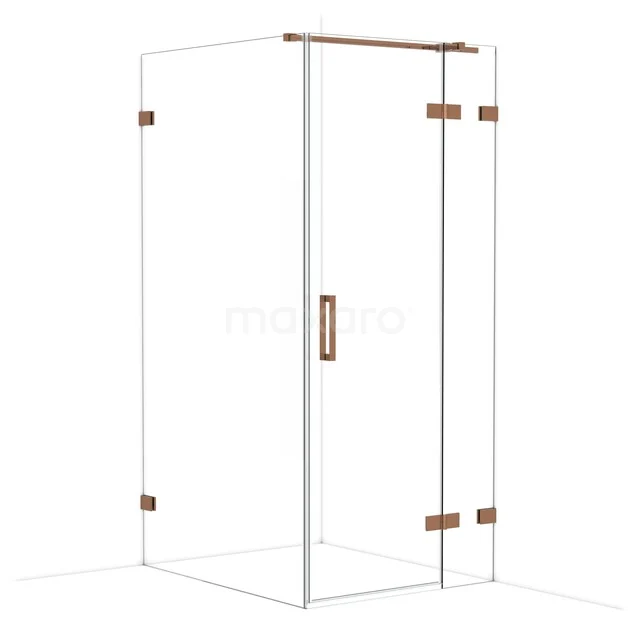 Glas Duschkabine mit kupferfarbenen Akzenten, quadratisches Design, ideal für eine stilvolle Badezimmergestaltung.