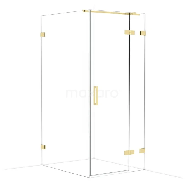 Glas Duschkabine mit goldfarbenen Akzenten, moderne Eckform und stilvolles Erscheinungsbild für ein luxuriöses Badezimmer.