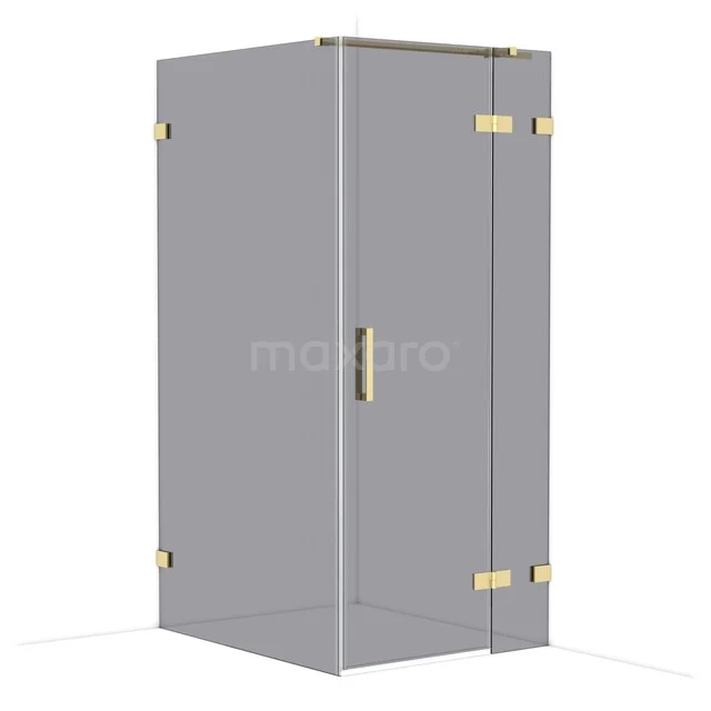 Glass shower cabin with gold hinges and handle, corner model with sleek design for a modern bathroom.