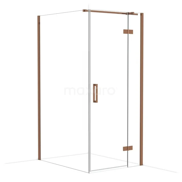 Shower cabin with rose gold accents, glass doors and minimalist design, perfect for a modern bathroom.