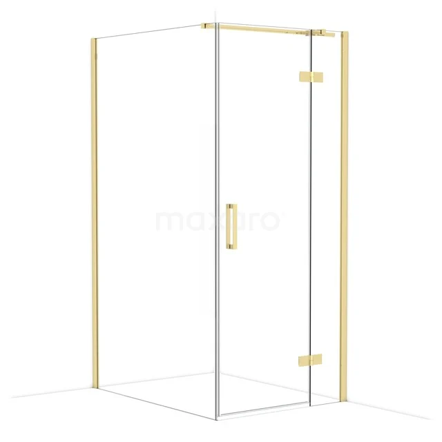 Glass shower wall with gold accents, corner model, stylish addition for a modern bathroom.
