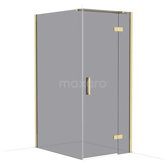 Corner shower cabin with grey glass, gold-coloured hinges and handle, ideal for a modern bathroom style.