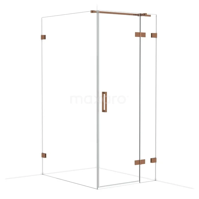 Shower cabin with clear glass, copper-coloured hinges and a stylish handle, perfect for a modern bathroom.