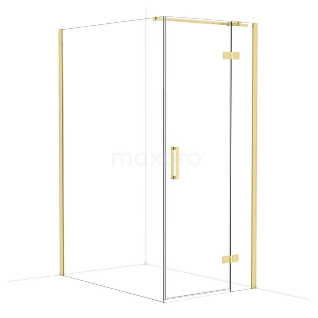 Diamond Shower enclosure | 140x90 cm Glossy light gold Clear glass Pivot door Rectangle CDB223614310GLG Gouden hoekdouchecabine met heldere glazen wanden en deuren, minimalistisch design voor een luxe uitstraling in de badkamer.