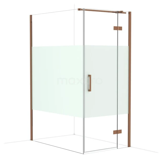 Diamond Shower enclosure | 140x90 cm Shiny copper Clear with matt strip Pivot door Rectangle CDB223614313GKP Glazen douchewand met koperkleurige profielen, matglas en draaideur voor een stijlvolle badkamerinrichting.
