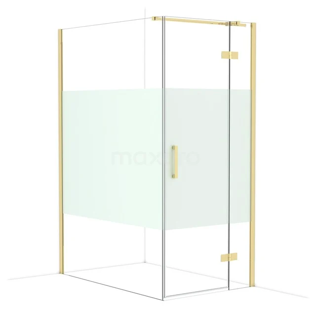Diamond Shower enclosure | 140x90 cm Glossy light gold Clear with matt strip Pivot door Rectangle CDB223614313GLG Gouden glazen douchewand met deur en matglazen middenpaneel, modern en stijlvol design voor een luxe badkamer.