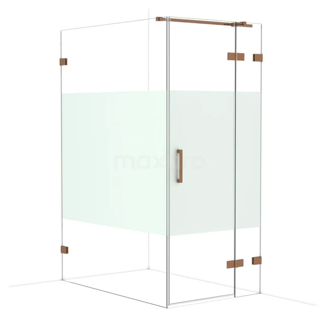 Glass shower cabin with copper-coloured accents, frosted glass in the middle, perfect for a modern bathroom style.