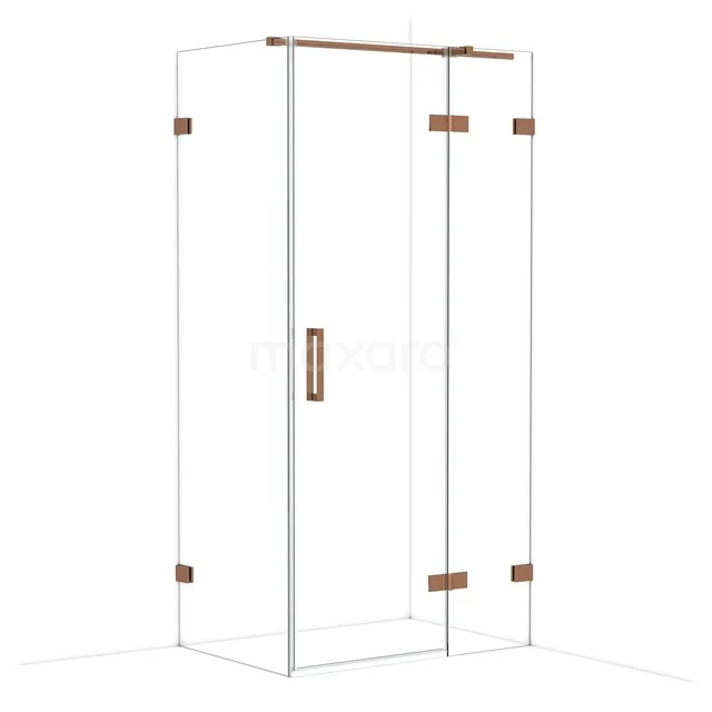 Glazen douchecabine met koperkleurige accenten, rechthoekig design, geschikt voor luxe badkamerinrichting.