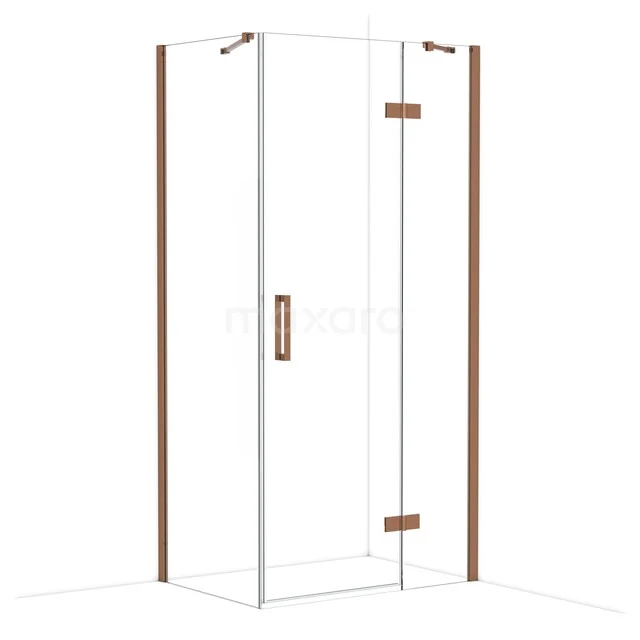 Glazen douchecabine met koperkleurige details, hoekig ontwerp, ideaal voor moderne badkamers.
