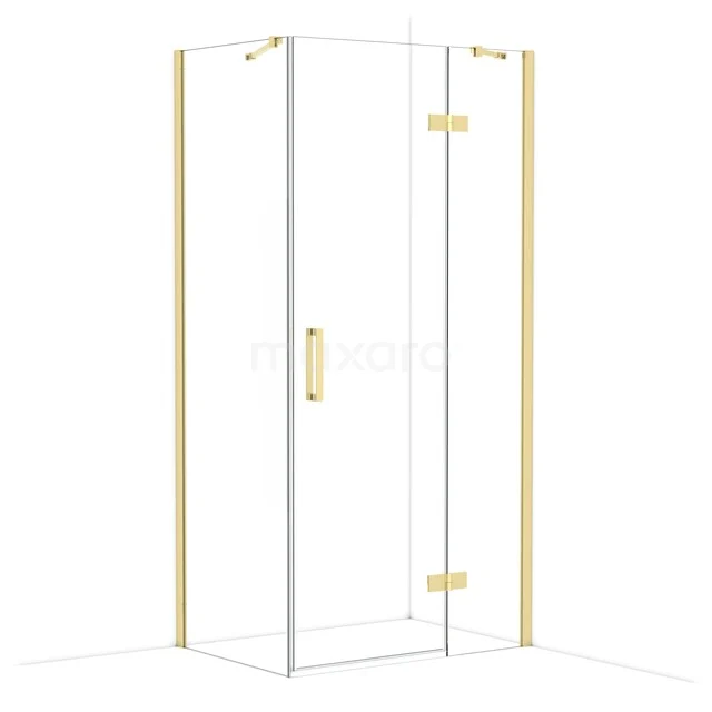 Glass shower cabin with metal accents in gold, corner model with door. Timeless design for a luxury bathroom style.