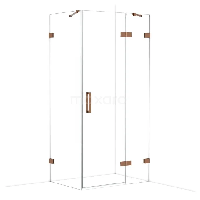 Corner shower cabin, clear glass with rose gold hinges, perfect for a stylish bathroom decor.